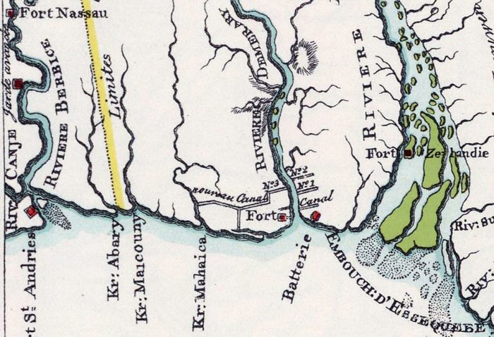 Die Küste von Guyana zwischen Essequibo und Berbice River (die Karte ist nach Süden ausgerichtet); 1798